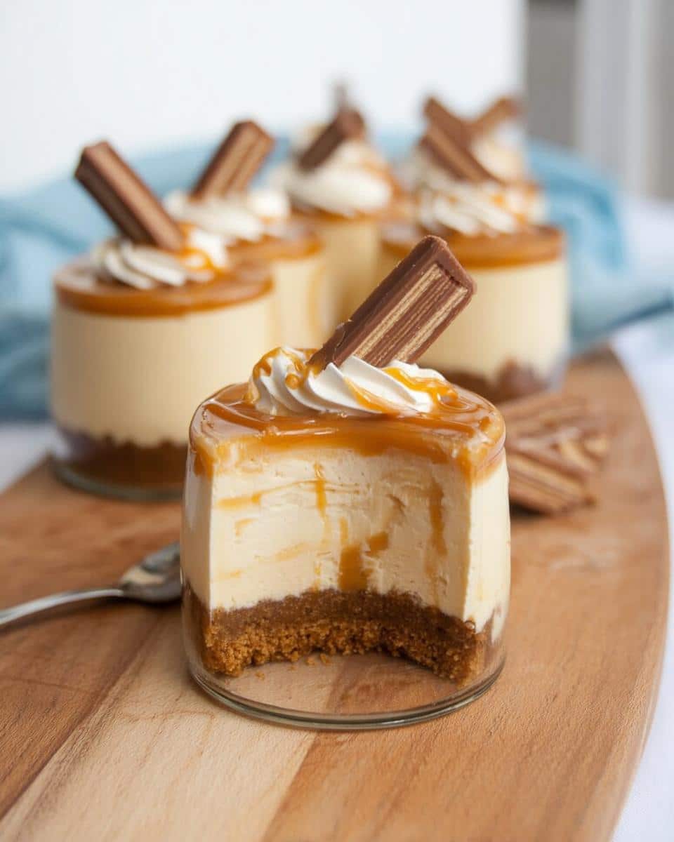 A single serving of Thermomix Salted Caramel Cheesecake in a jar, showing a bite taken out, topped with caramel, cream, and a wafer.