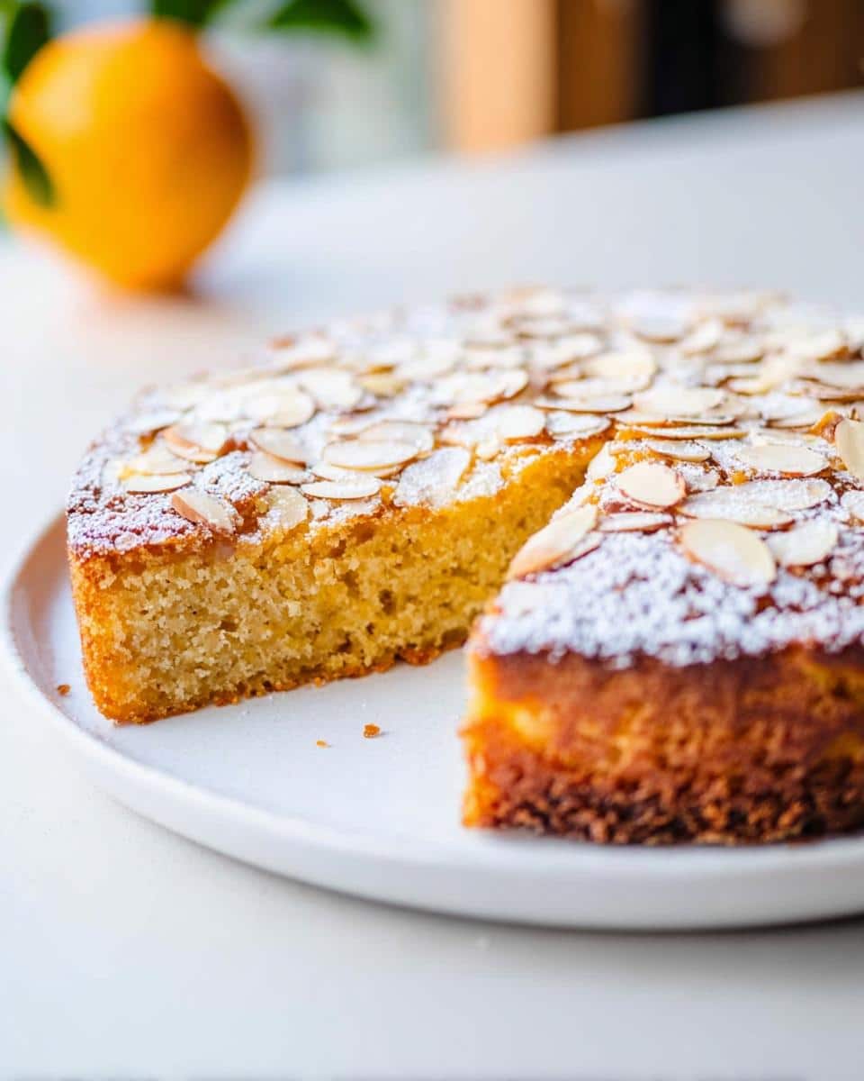 A slice removed from the TM6 Orange & Almond Flourless Cake, topped with powdered sugar and sliced almonds.