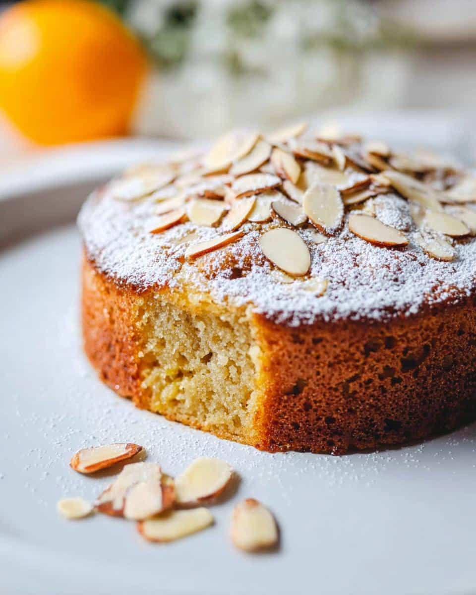 Close-up of a slice missing from the TM6 Orange & Almond Flourless Cake, topped with sliced almonds and powdered sugar.