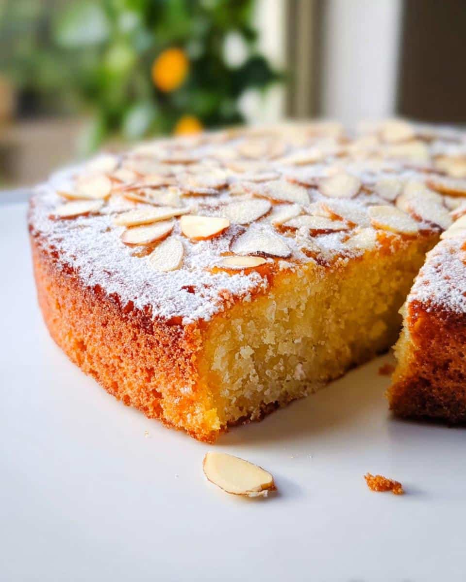 Close-up of a slice cut from the TM6 Orange & Almond Flourless Cake, dusted with powdered sugar and topped with sliced almonds.