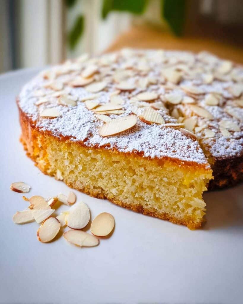 A slice cut from the TM6 Orange & Almond Flourless Cake, dusted with powdered sugar and topped with sliced almonds.