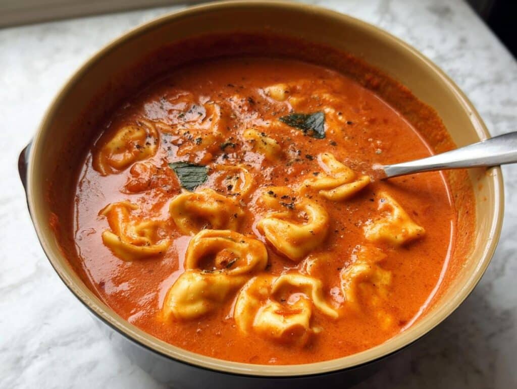 Close-up of creamy Tomato Tortellini Soup filled with pasta, garnished with herbs and black pepper.