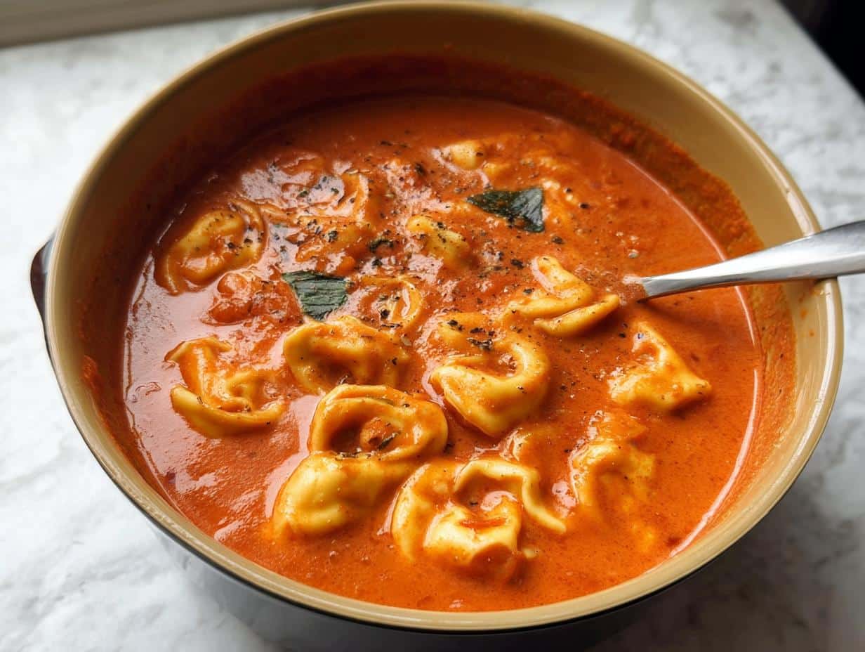 Close-up of creamy Tomato Tortellini Soup filled with pasta, garnished with herbs and black pepper.