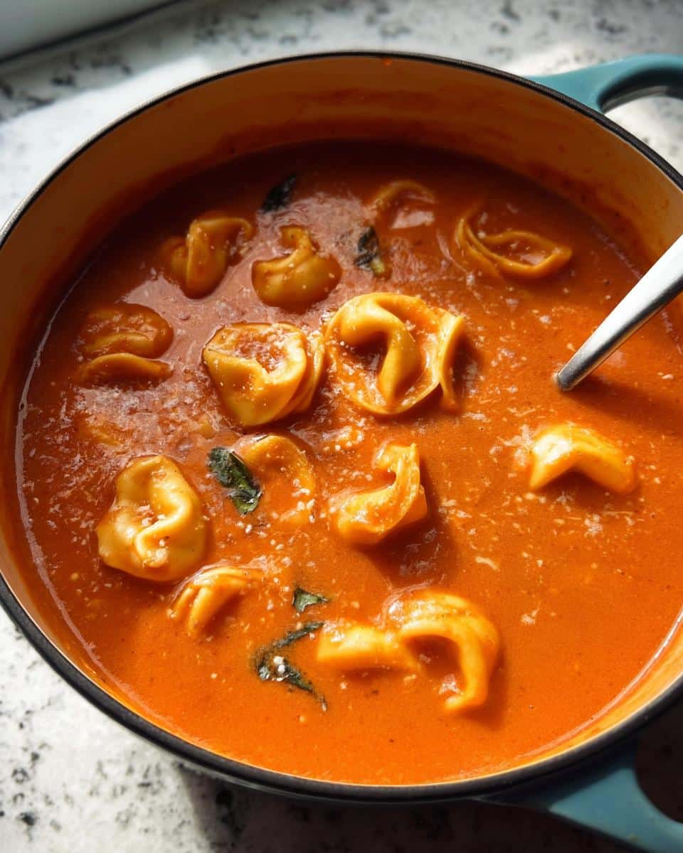 Close-up of creamy Tomato Tortellini Soup simmering in a pot, featuring plump tortellini and basil leaves.