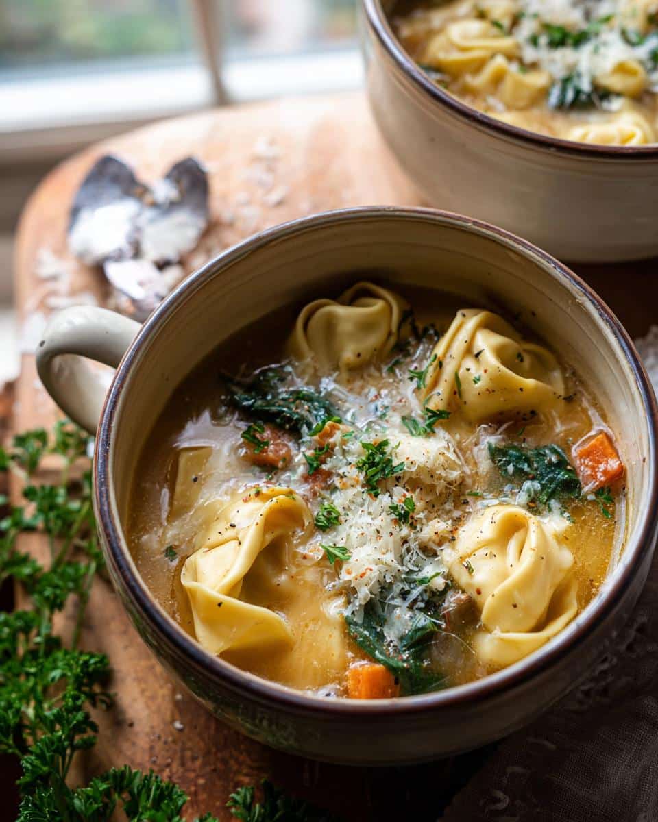 A close-up of a bowl of Tortellini Soup with Roasted Garlic Broth, topped with grated Parmesan and fresh parsley.