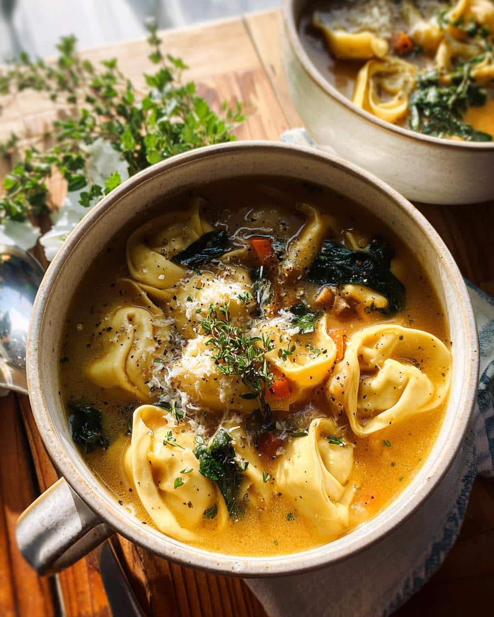 Close-up of Tortellini Soup with Roasted Garlic Broth, topped with parmesan and fresh thyme.