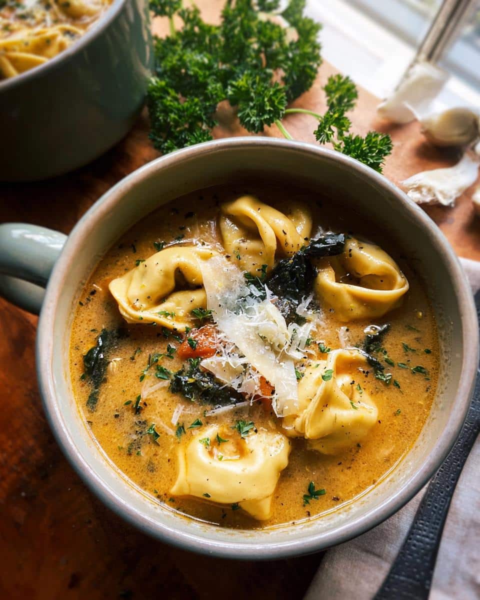 A close-up of a bowl of Tortellini Soup with Roasted Garlic Broth, topped with shaved Parmesan and fresh parsley.