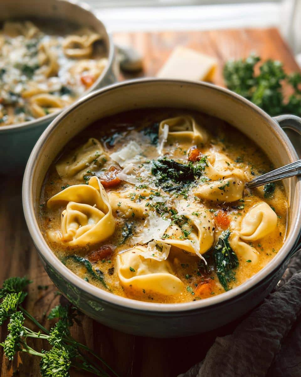 Close-up of a bowl of rich Tortellini Soup with Roasted Garlic Broth, topped with Parmesan and parsley.