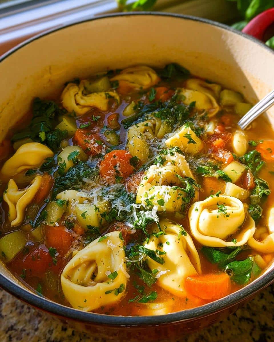 Close-up of a rich, steaming Tortellini Vegetable Soup filled with pasta, carrots, spinach, and topped with grated Parmesan cheese.