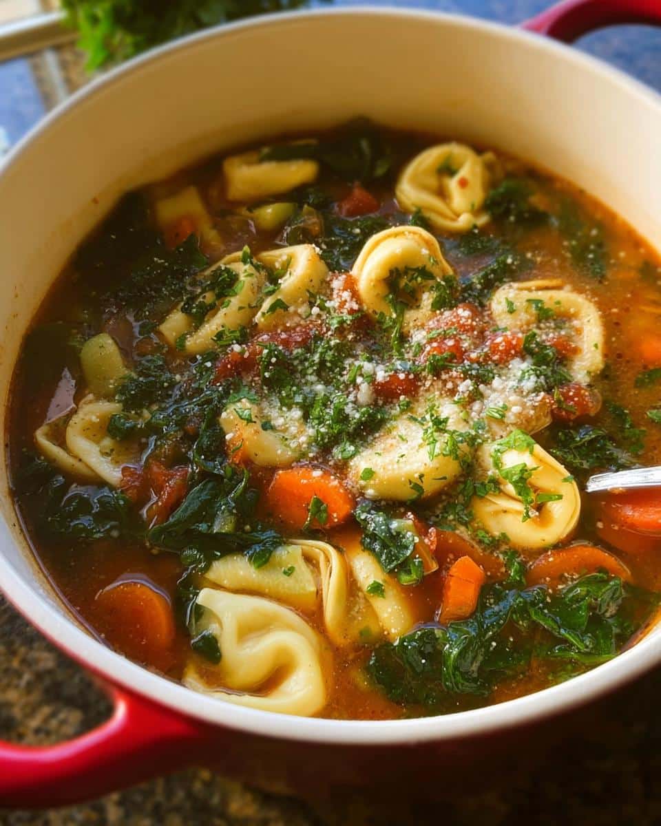 Close-up of steaming Tortellini Vegetable Soup topped with parmesan cheese and fresh parsley in a red pot.