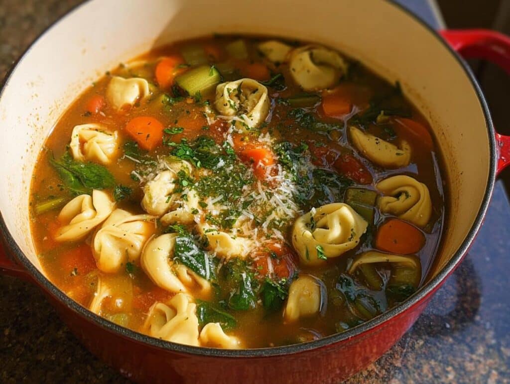 Close-up of steaming Tortellini Vegetable Soup filled with pasta, carrots, spinach, and topped with grated cheese.