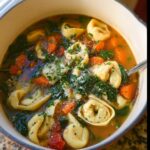 Close-up of steaming Tortellini Vegetable Soup filled with pasta, carrots, spinach, and topped with Parmesan cheese.