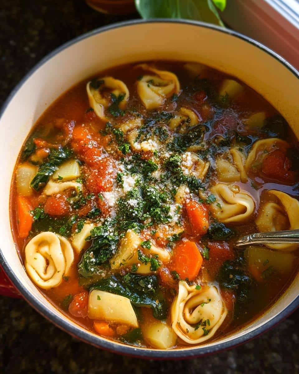Close-up of a steaming bowl of Tortellini Vegetable Soup topped with grated Parmesan and fresh parsley.