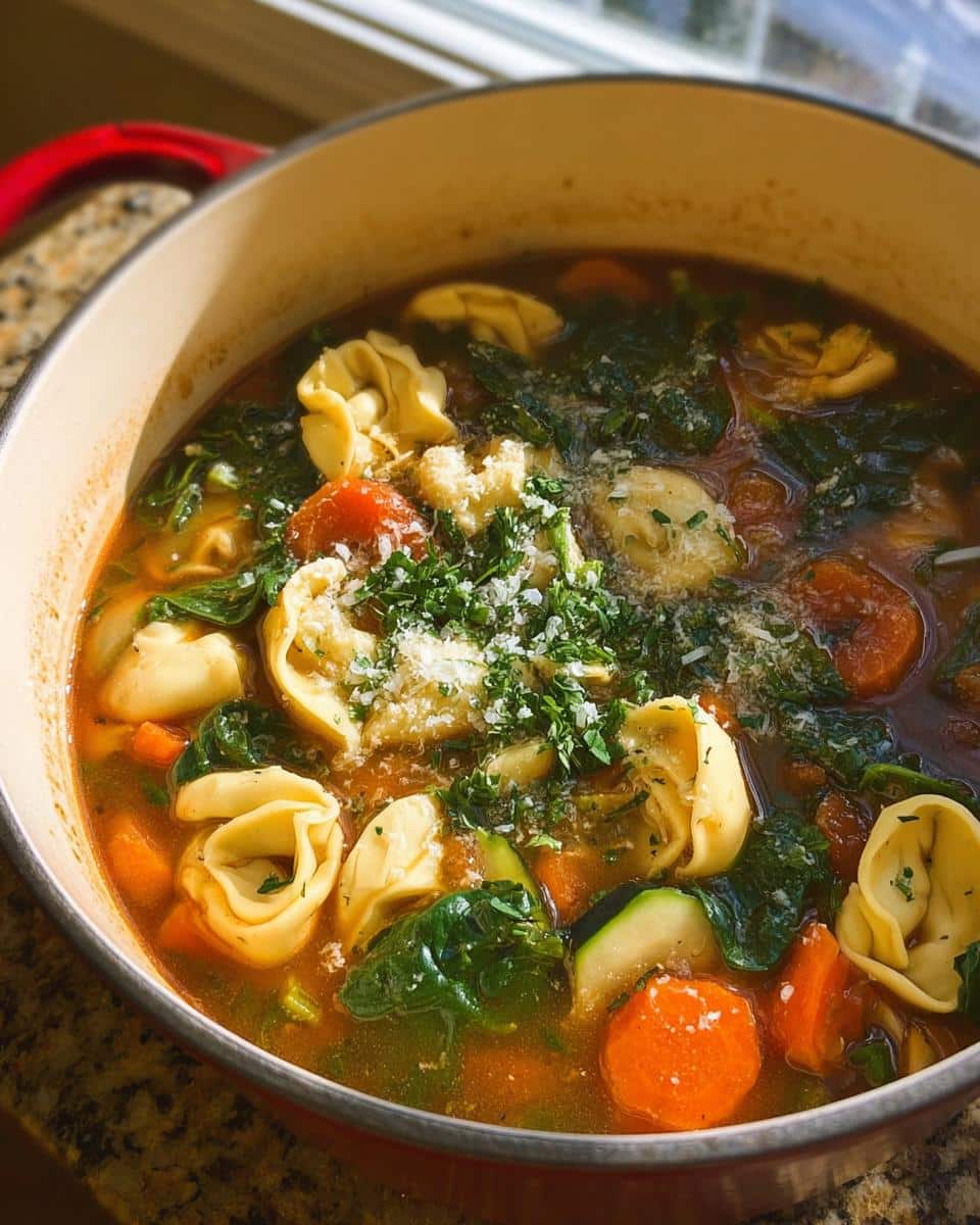 Close-up of a rich Tortellini Vegetable Soup in a pot, topped with Parmesan and fresh herbs.