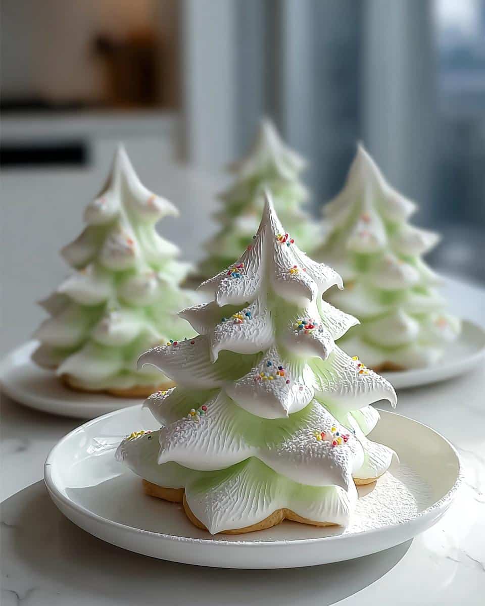 A beautifully piped, pale green and white Tree Meringue Cookie decorated with colorful sprinkles on a white plate.