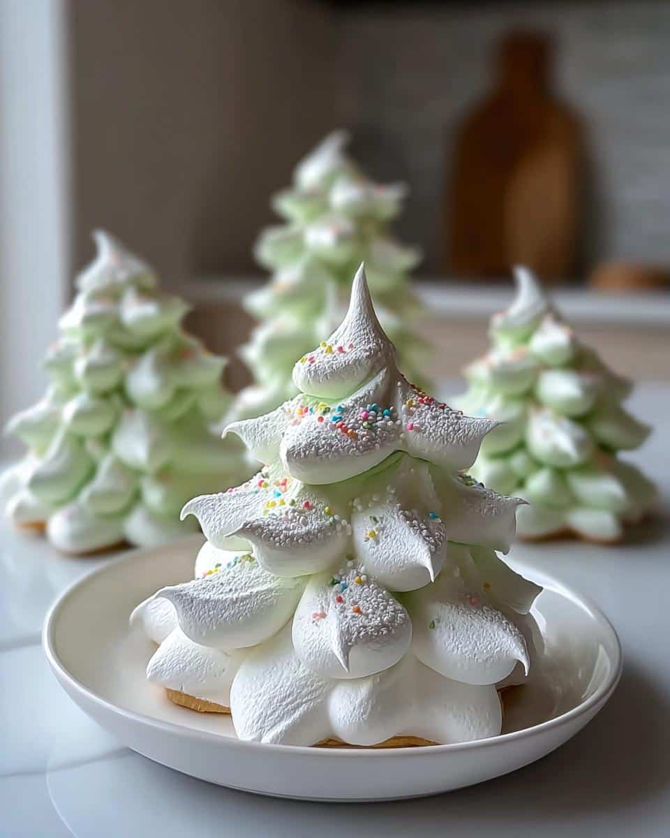 A beautifully piped white Tree Meringue Cookie, decorated with colorful sprinkles, sitting on a small white plate.