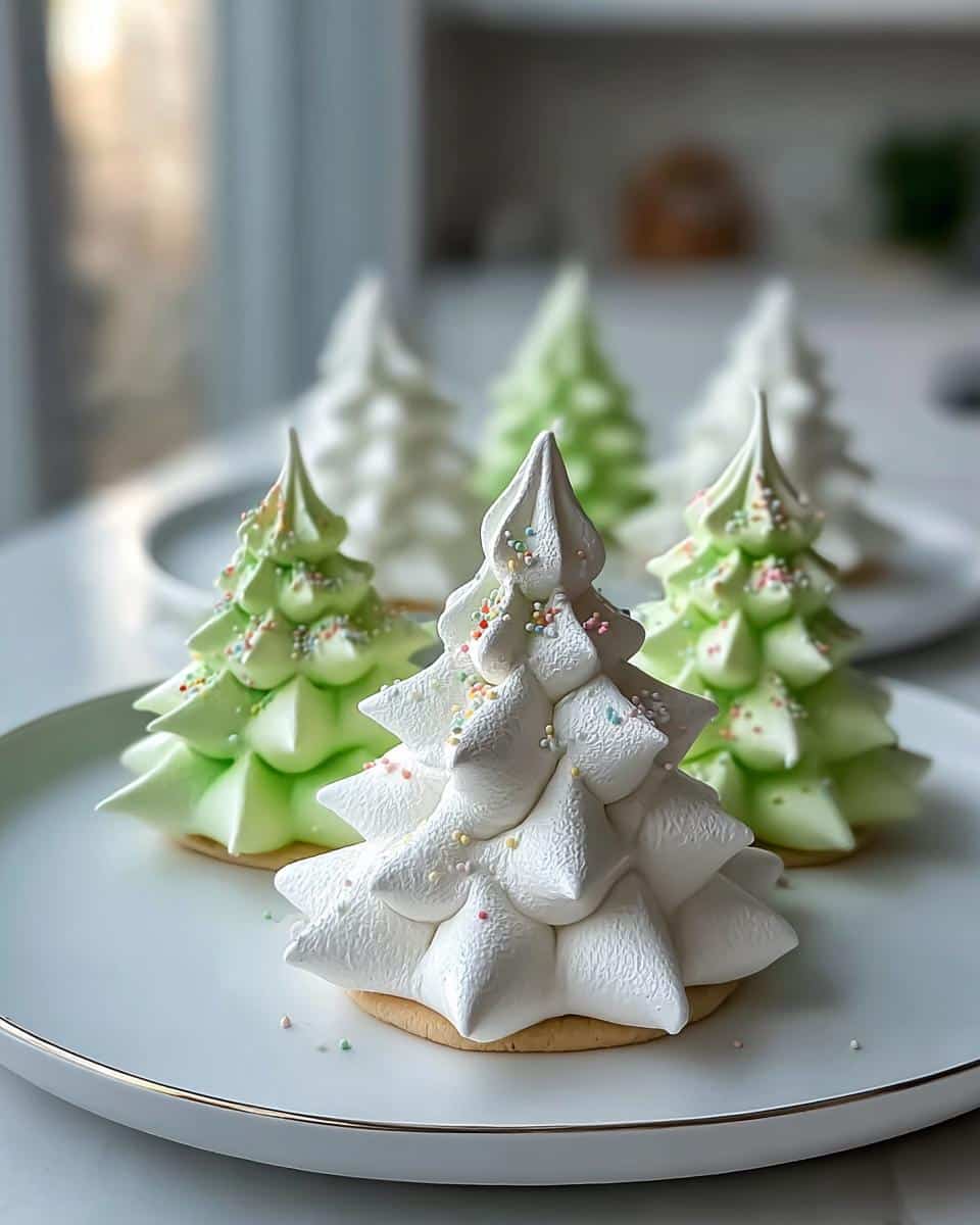 Close-up of white and light green Tree Meringue Cookies decorated with sprinkles on a white plate.