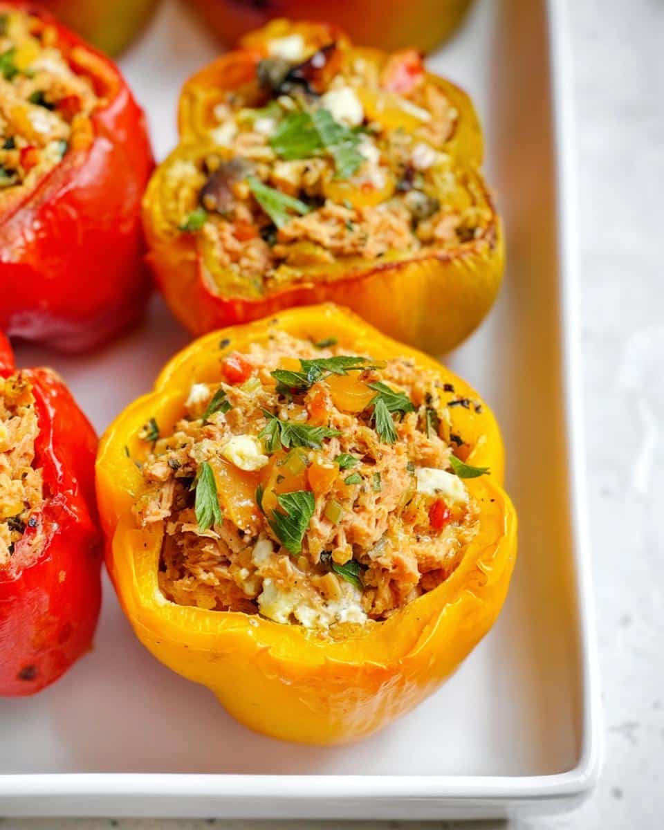 Close-up of baked Tuna Stuffed Bell Peppers, featuring yellow and red halves filled with tuna mixture and fresh herbs.