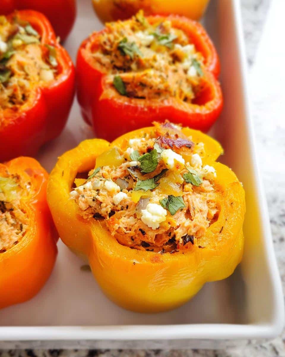 Close-up of baked Tuna Stuffed Bell Peppers in red and yellow colors, topped with feta and herbs.