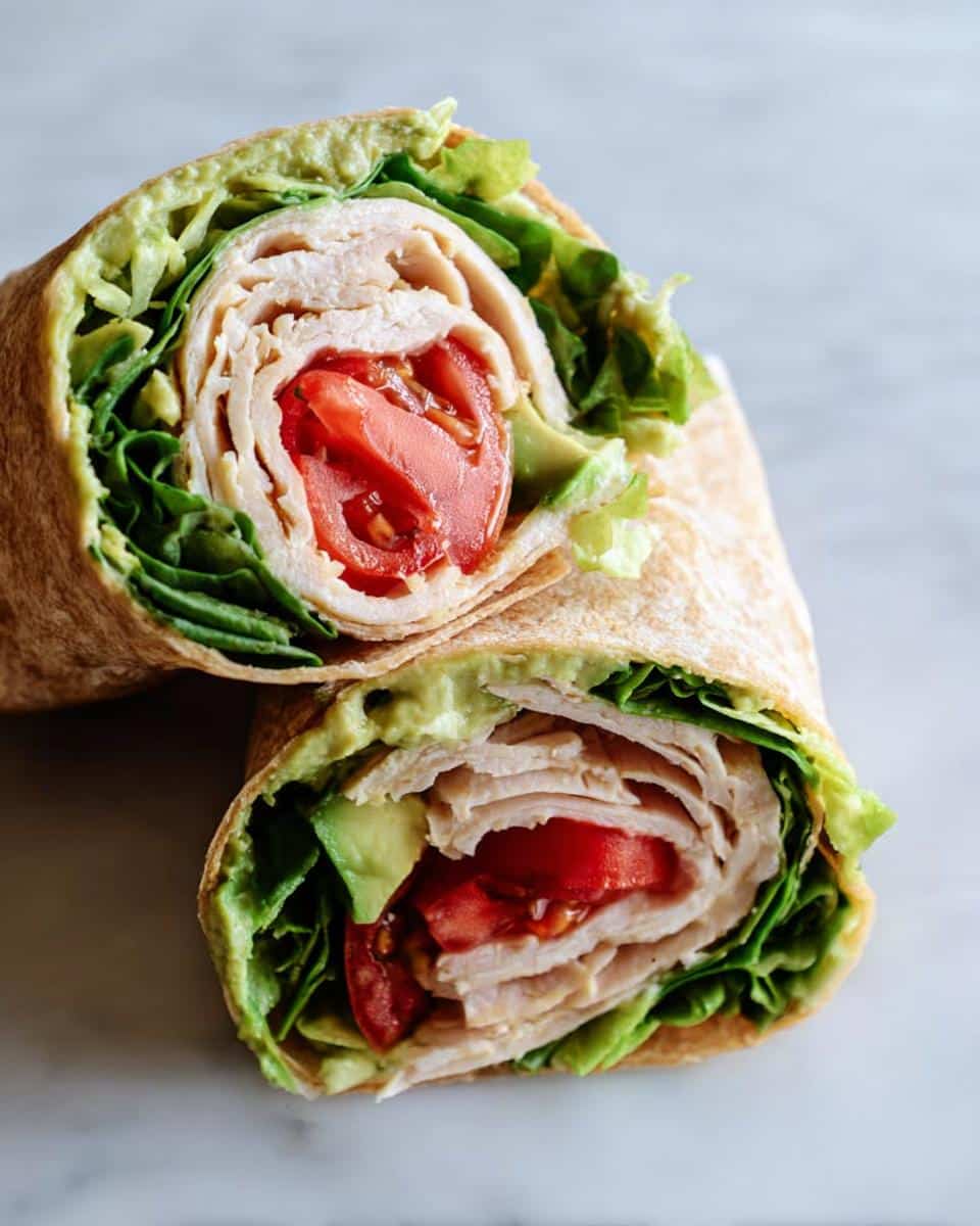 Close-up of a sliced Turkey & Avocado Whole Wheat Wrap showing layers of turkey, tomato, lettuce, and avocado spread.
