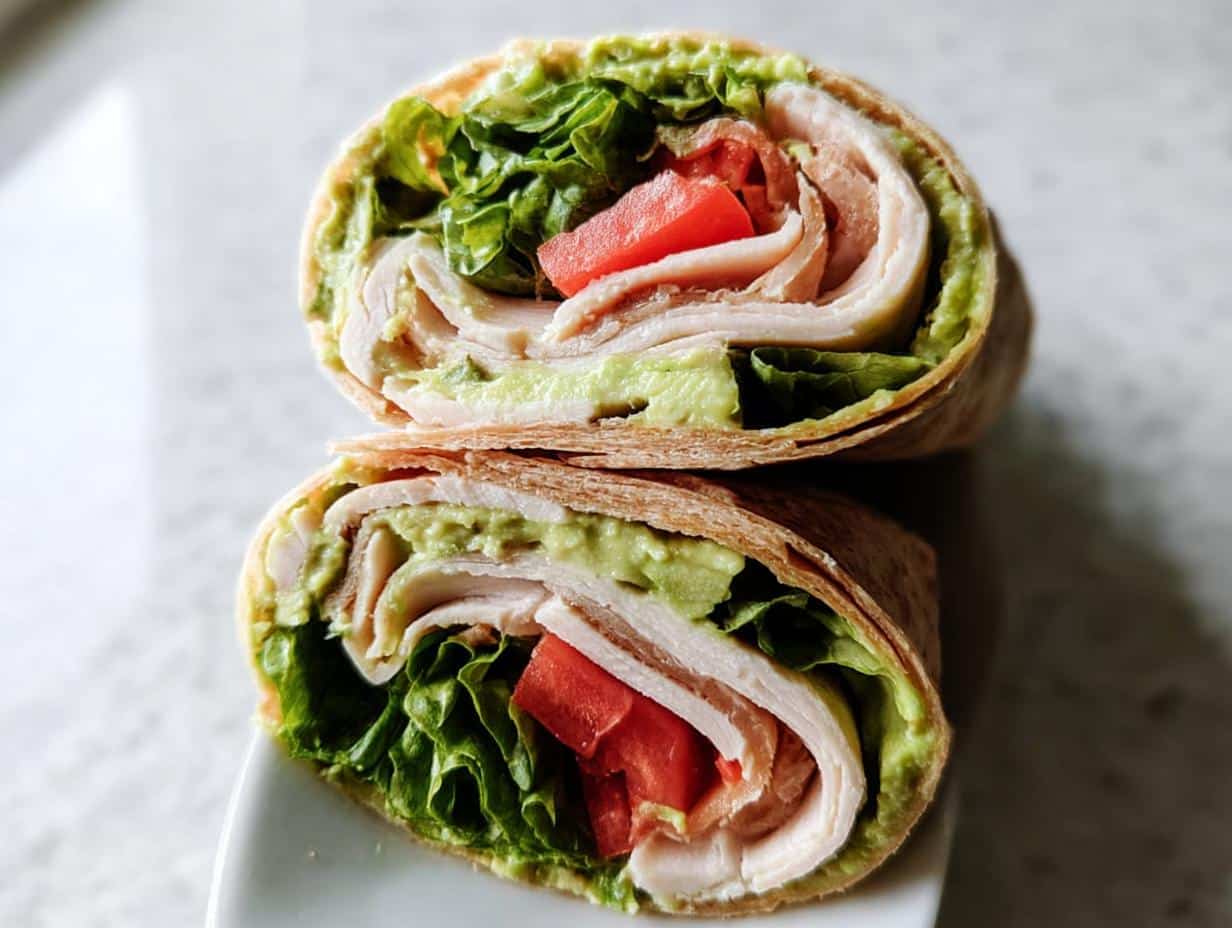 Close-up of a halved Turkey & Avocado Whole Wheat Wrap showing layers of turkey, avocado spread, lettuce, and tomato.