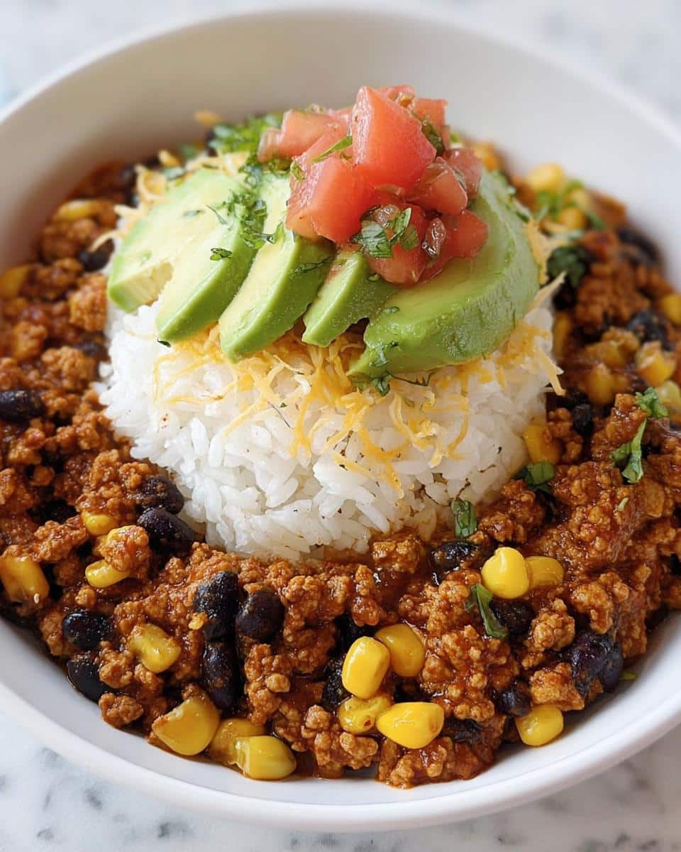 A close-up of a Turkey Taco Rice Bowl featuring seasoned ground turkey, black beans, corn, white rice, avocado, and diced tomatoes.