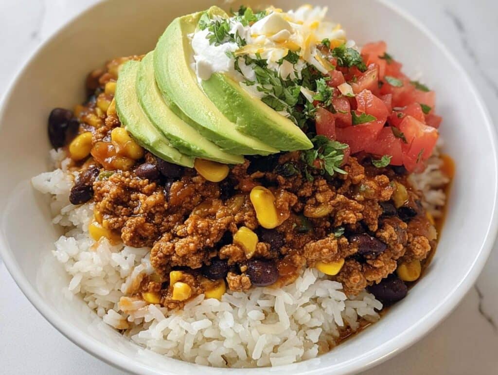 A close-up of a Turkey Taco Rice Bowl featuring seasoned ground turkey, black beans, corn, white rice, topped with avocado, sour cream, and diced tomatoes.