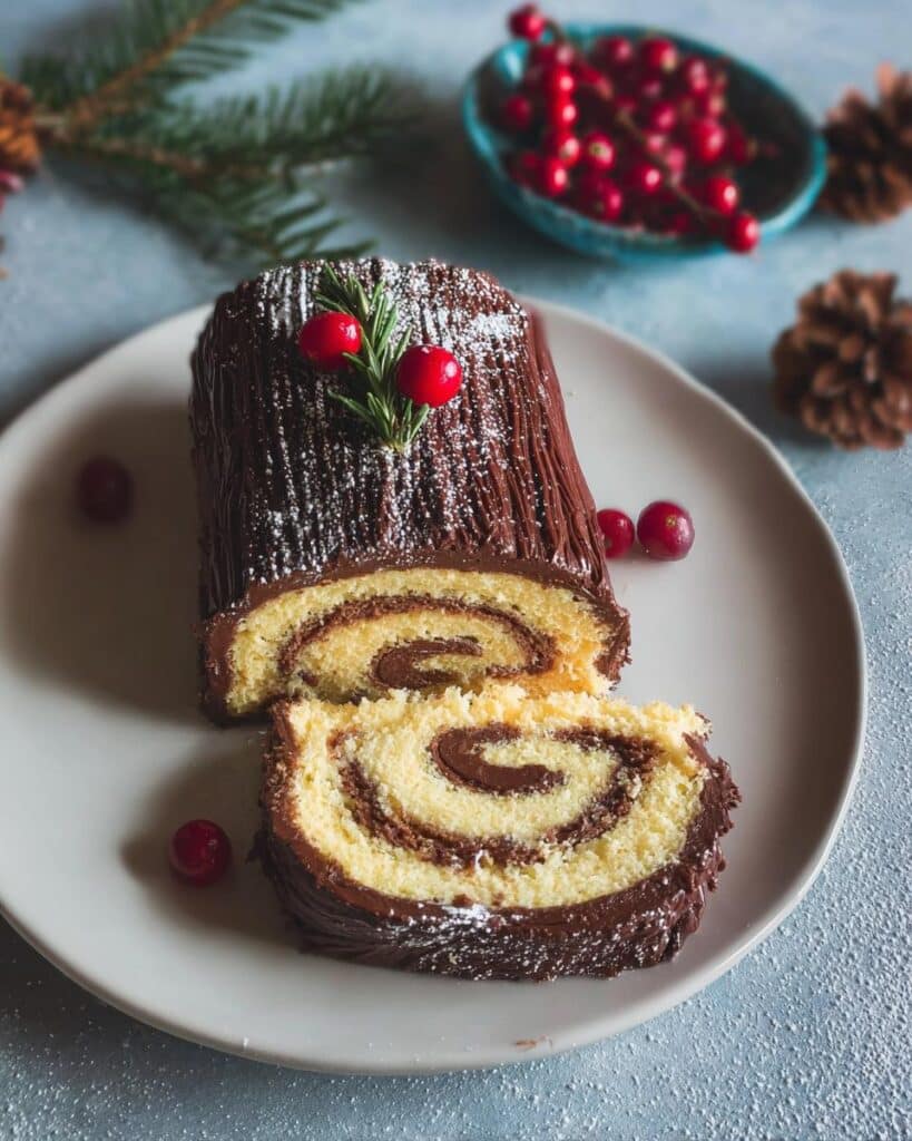 A slice of Vanilla Roll Yule Log with Chocolate Ganache showing the swirl pattern, garnished with cranberries.