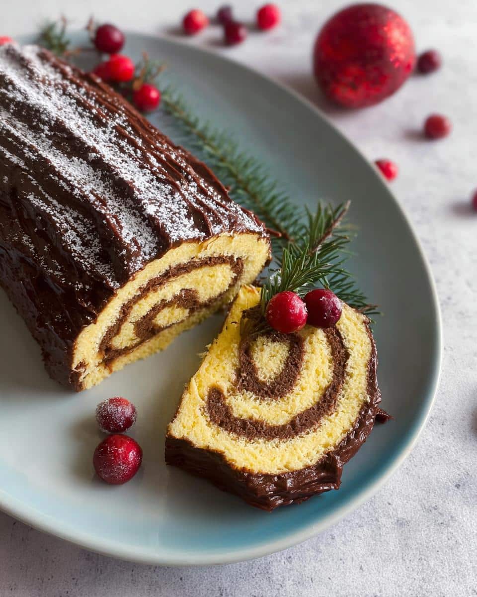 A slice cut from a Vanilla Roll Yule Log with Chocolate Ganache, showing the yellow cake and dark chocolate swirl filling.