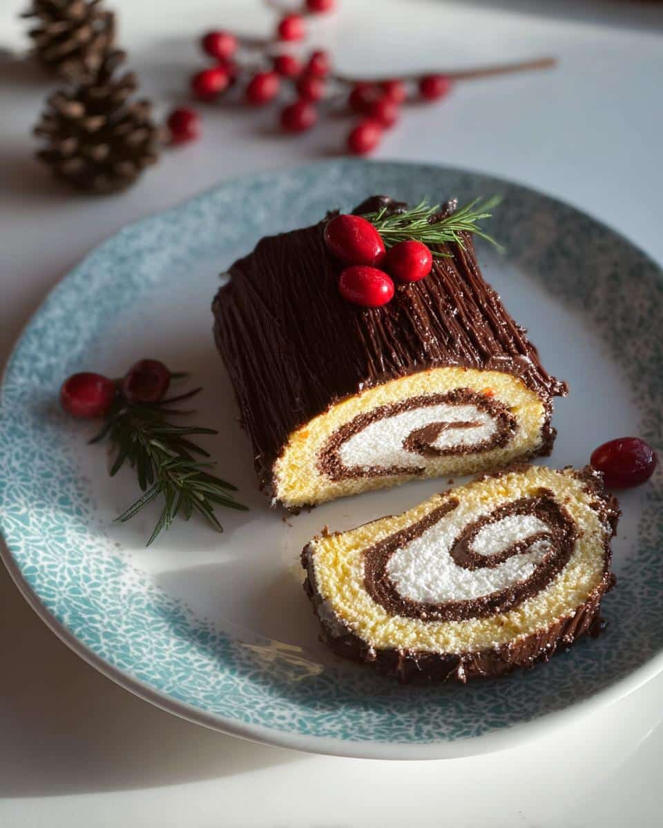 A cross-section slice of Vanilla Roll Yule Log with Chocolate Ganache showing the swirl of vanilla cake and white filling.
