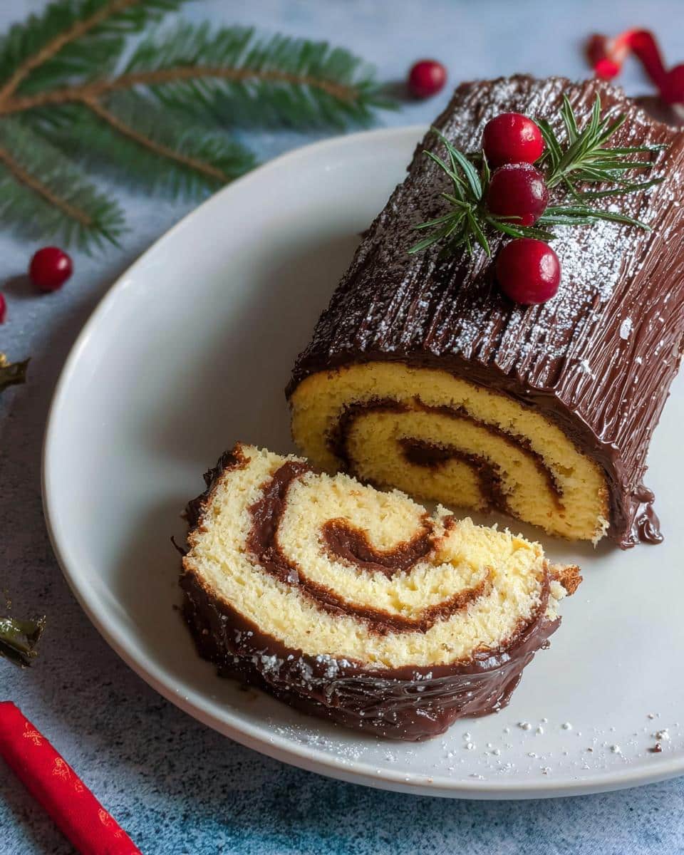 A slice cut from a Vanilla Roll Yule Log with Chocolate Ganache, showing the swirl pattern.