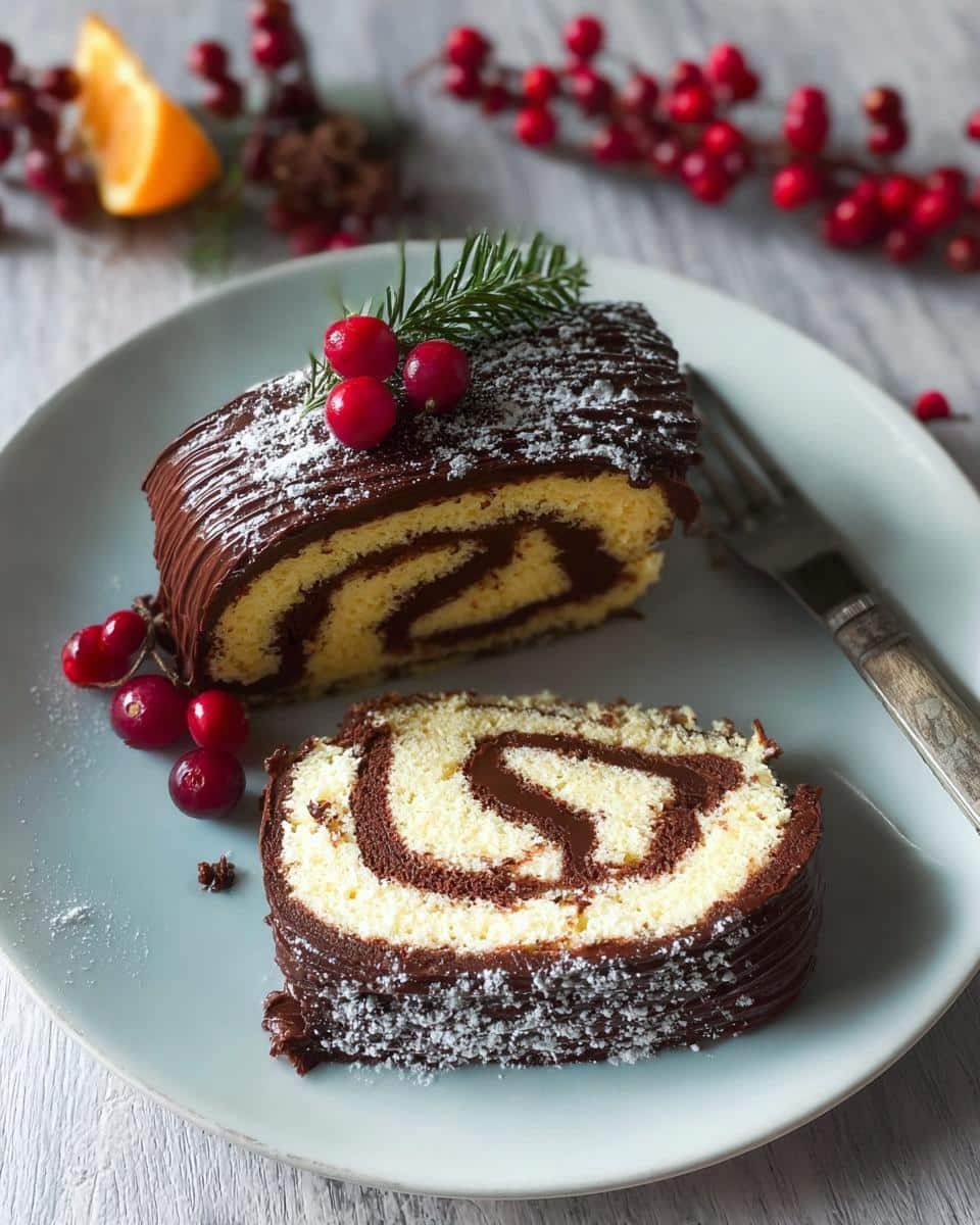 Two slices of Vanilla Roll Yule Log with chocolate ganache frosting, dusted with powdered sugar and garnished with cranberries.