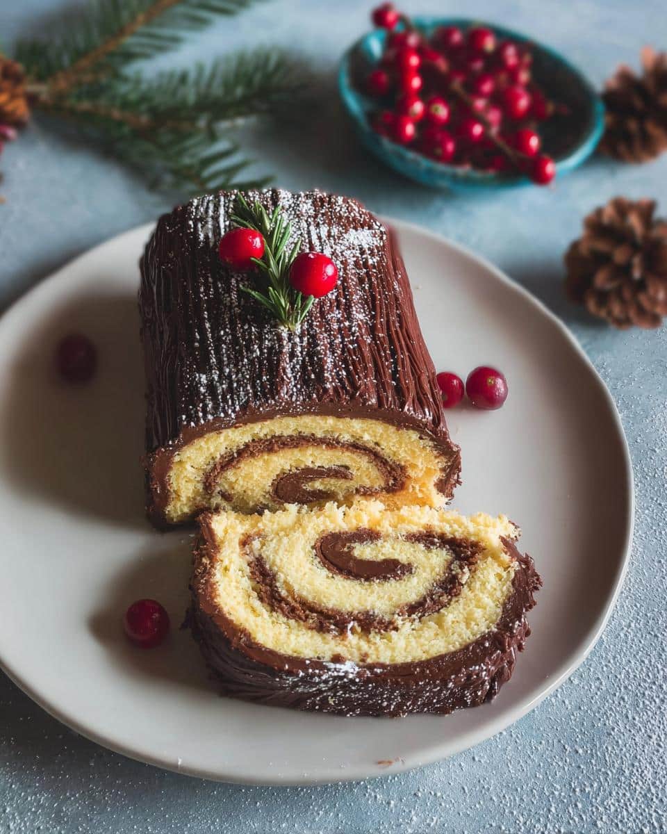 A slice of Vanilla Roll Yule Log with Chocolate Ganache showing the swirl pattern, garnished with cranberries.
