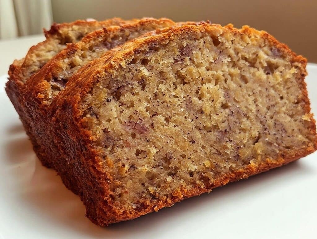 Close-up of three moist slices of Vegan Banana Bread Without Eggs showing a golden crust and speckled interior.