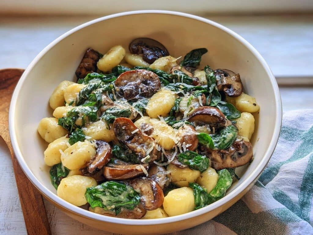 A bowl of Vegetarian Gnocchi with Spinach and Mushroom-Butter Sauce, topped with grated cheese.