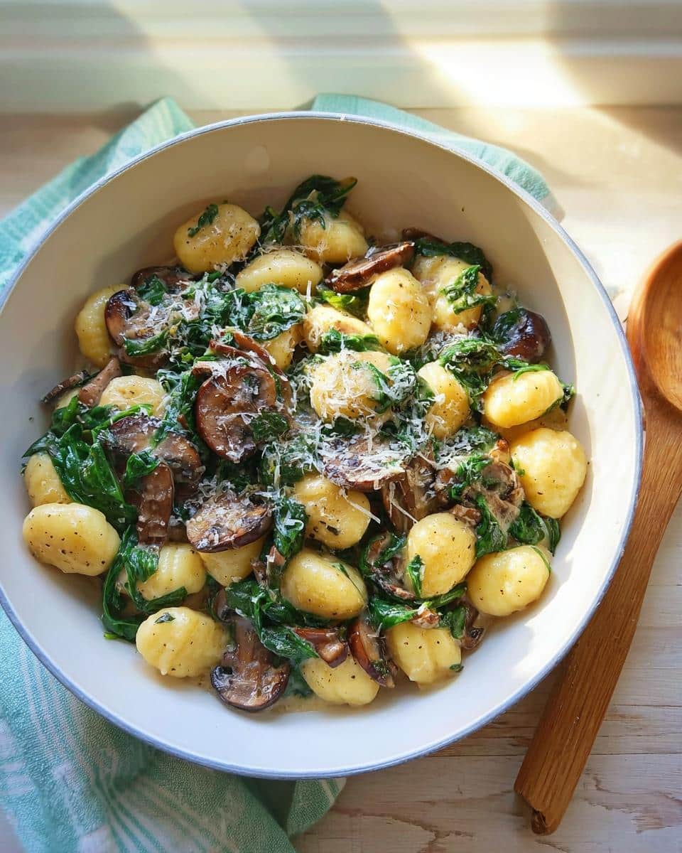 A close-up overhead view of Vegetarian Gnocchi with Spinach and Mushroom-Butter Sauce topped with grated Parmesan cheese.