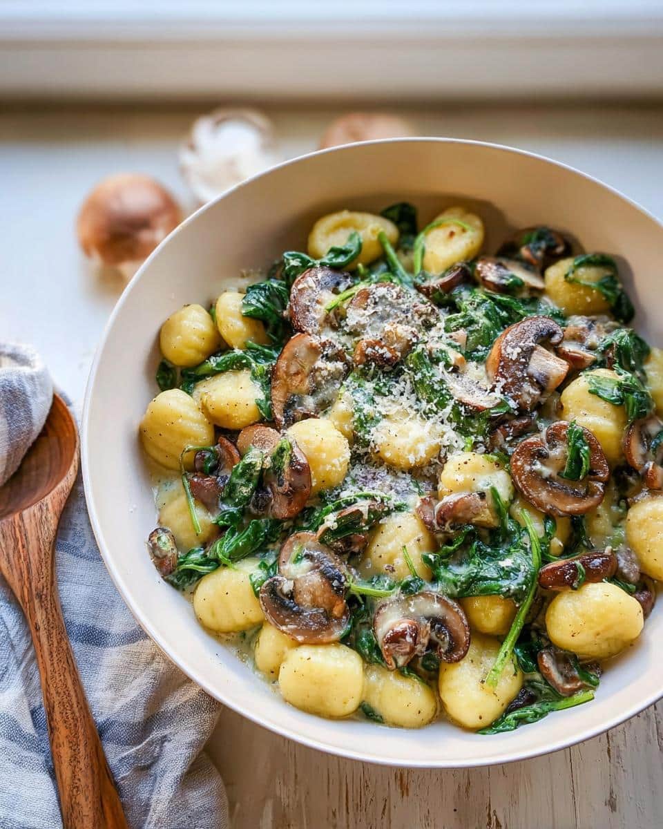 A bowl of Vegetarian Gnocchi with Spinach and Mushroom-Butter Sauce, topped with grated cheese.
