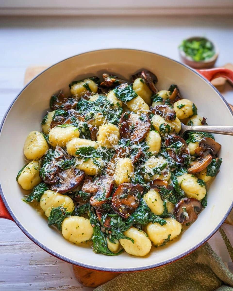 A skillet filled with Vegetarian Gnocchi with Spinach and Mushroom-Butter Sauce, topped with grated cheese.
