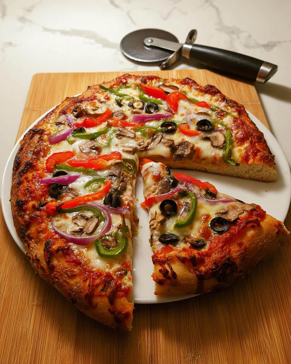 A freshly baked Veggie Supreme Pizza with roasted vegetables, cheese, and a slice cut out.