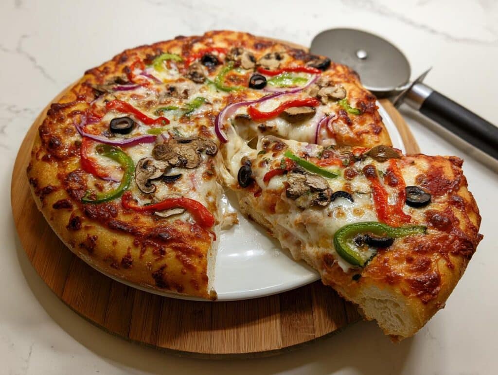 A slice of Veggie Supreme Pizza with roasted vegetables, cheese pull, and a pizza cutter nearby.