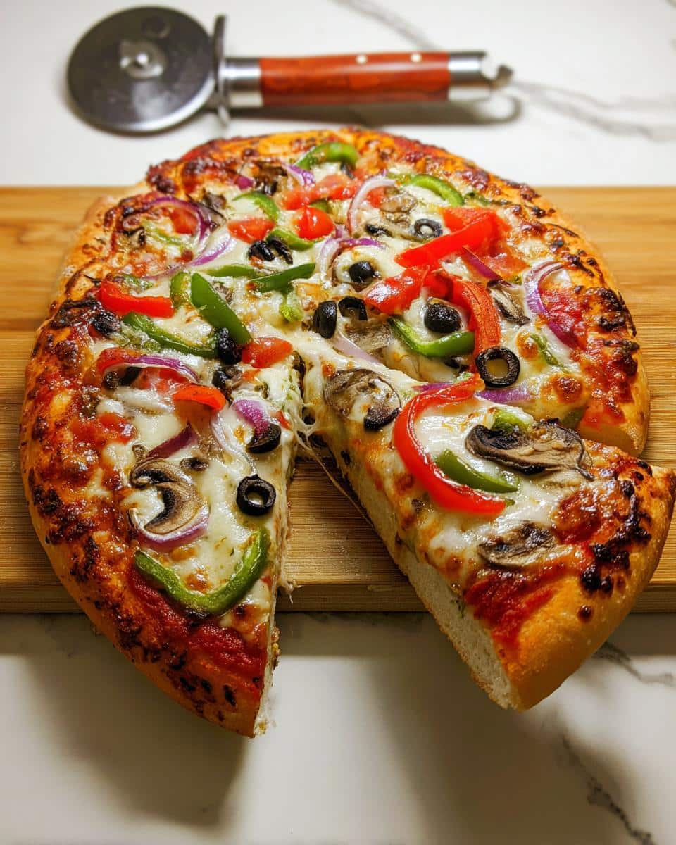 A freshly baked Veggie Supreme Pizza with roasted vegetables, cheese, and a slice cut out, resting on a wooden board.