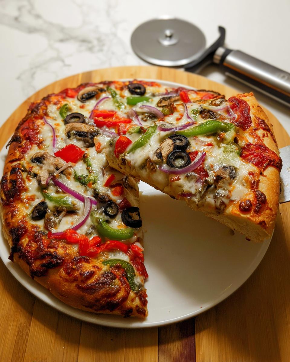 A slice being lifted from a freshly baked Veggie Supreme Pizza with roasted vegetables, cheese, and olives.
