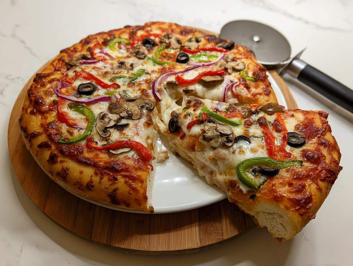 A slice of Veggie Supreme Pizza with roasted vegetables, cheese pull, and a pizza cutter nearby.