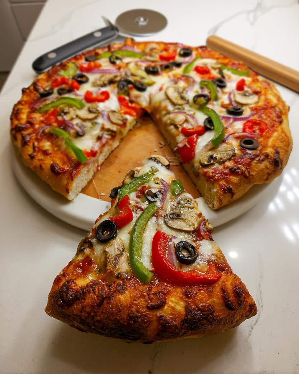 A slice of Veggie Supreme Pizza with roasted vegetables, cheese, and a thick, crispy crust being pulled away from the whole pizza.