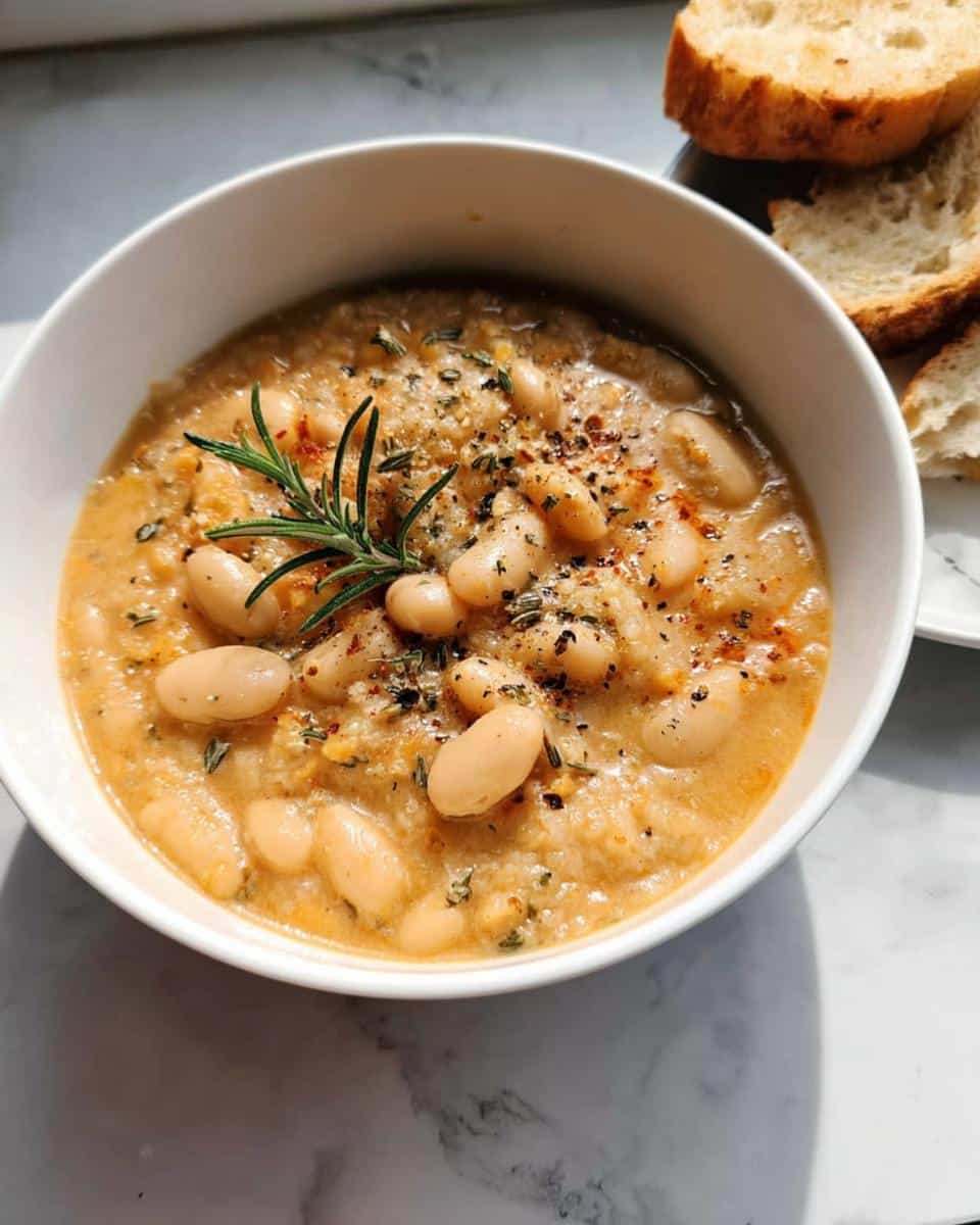 A creamy bowl of White Bean & Rosemary Soup topped with whole beans, herbs, and a fresh rosemary sprig.