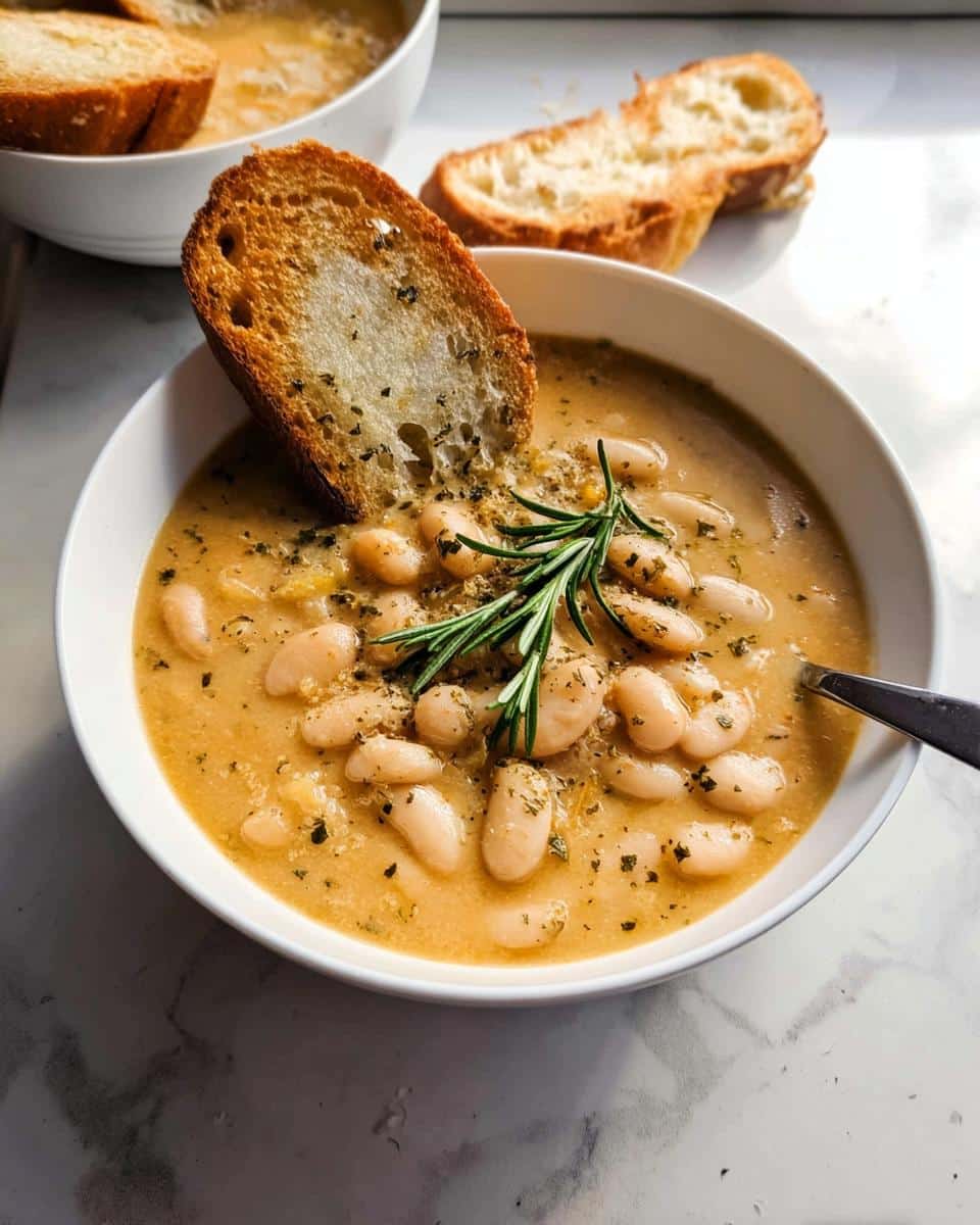 Close-up of creamy White Bean & Rosemary Soup topped with fresh rosemary and served with a piece of toasted bread.