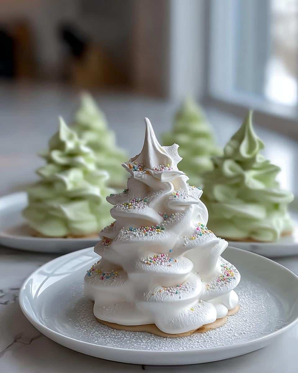 A close-up of a white Tree Meringue Cookies shaped like a Christmas tree, decorated with colorful sprinkles on a white plate.