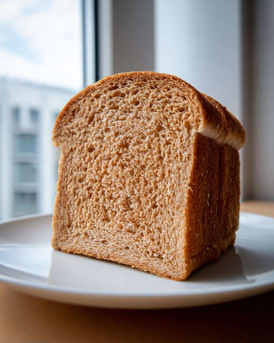 Close-up of a perfectly sliced piece of soft Wholemeal Thermomix Sandwich Loaf showing its fine, even crumb texture.