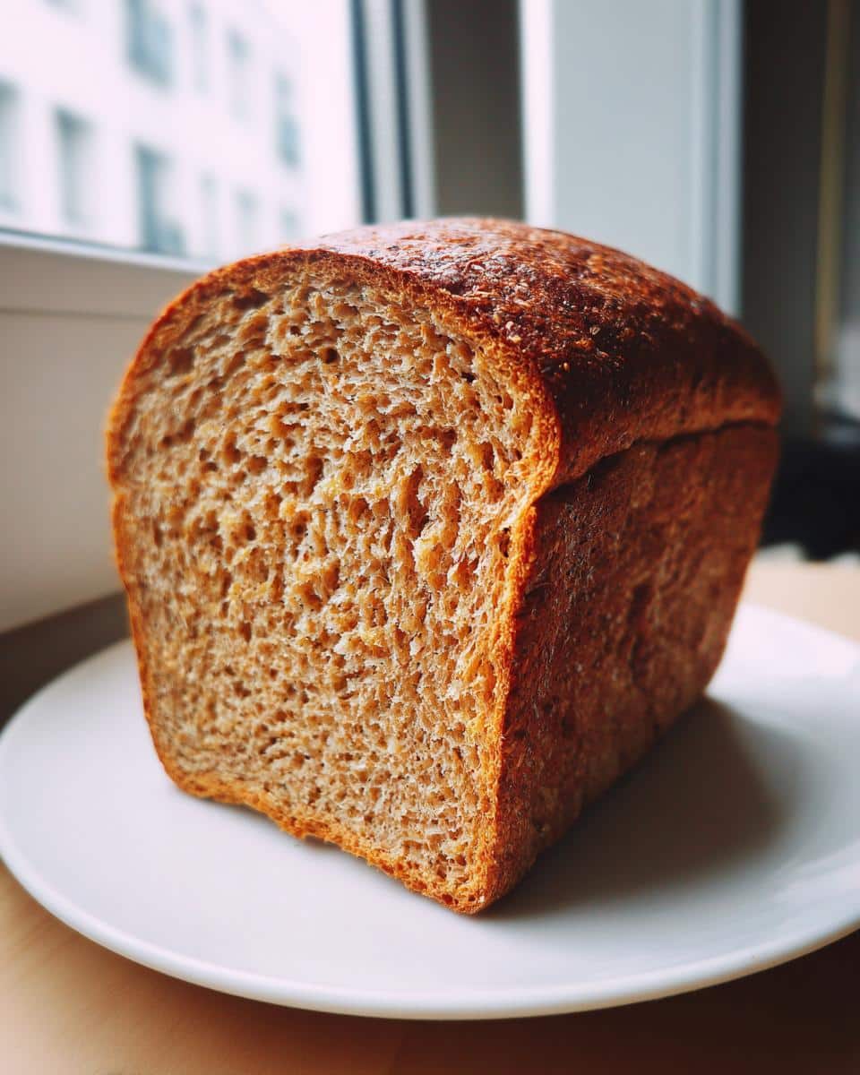 A close-up of a thick slice of Wholemeal Thermomix Sandwich Loaf showing its soft, brown crumb texture.