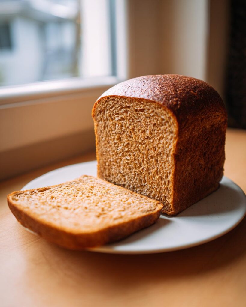 A freshly baked Wholemeal Thermomix Sandwich Loaf with one slice cut and resting beside it on a white plate.